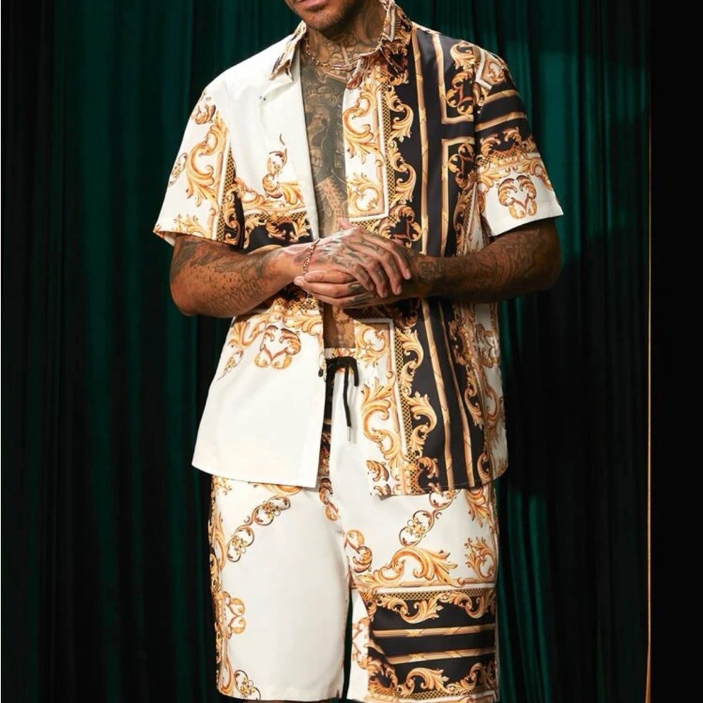 Mens Two Piece Baroque Print Shirt & Shorts